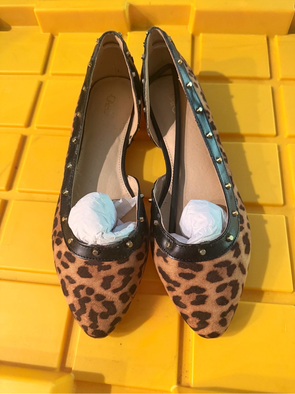 Cato Leopard-Print Pointed Flats with Black Stud Trim